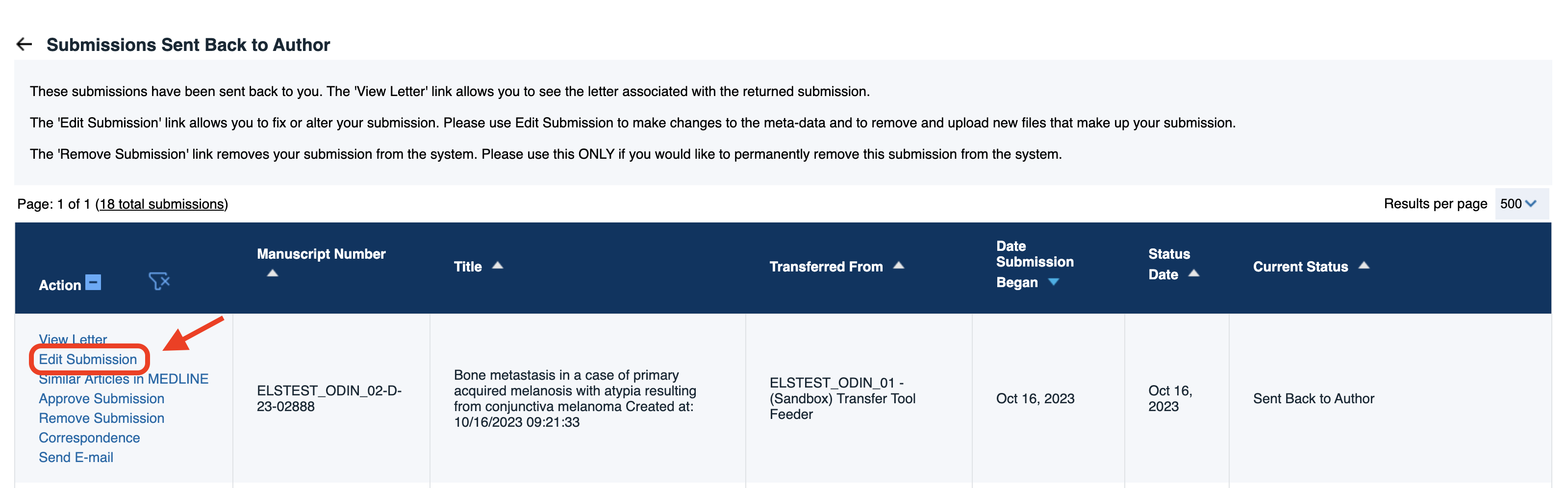 Screen shot of a journal's Author Main Menu page in Editorial Manager, showing where authors can edit their submission.